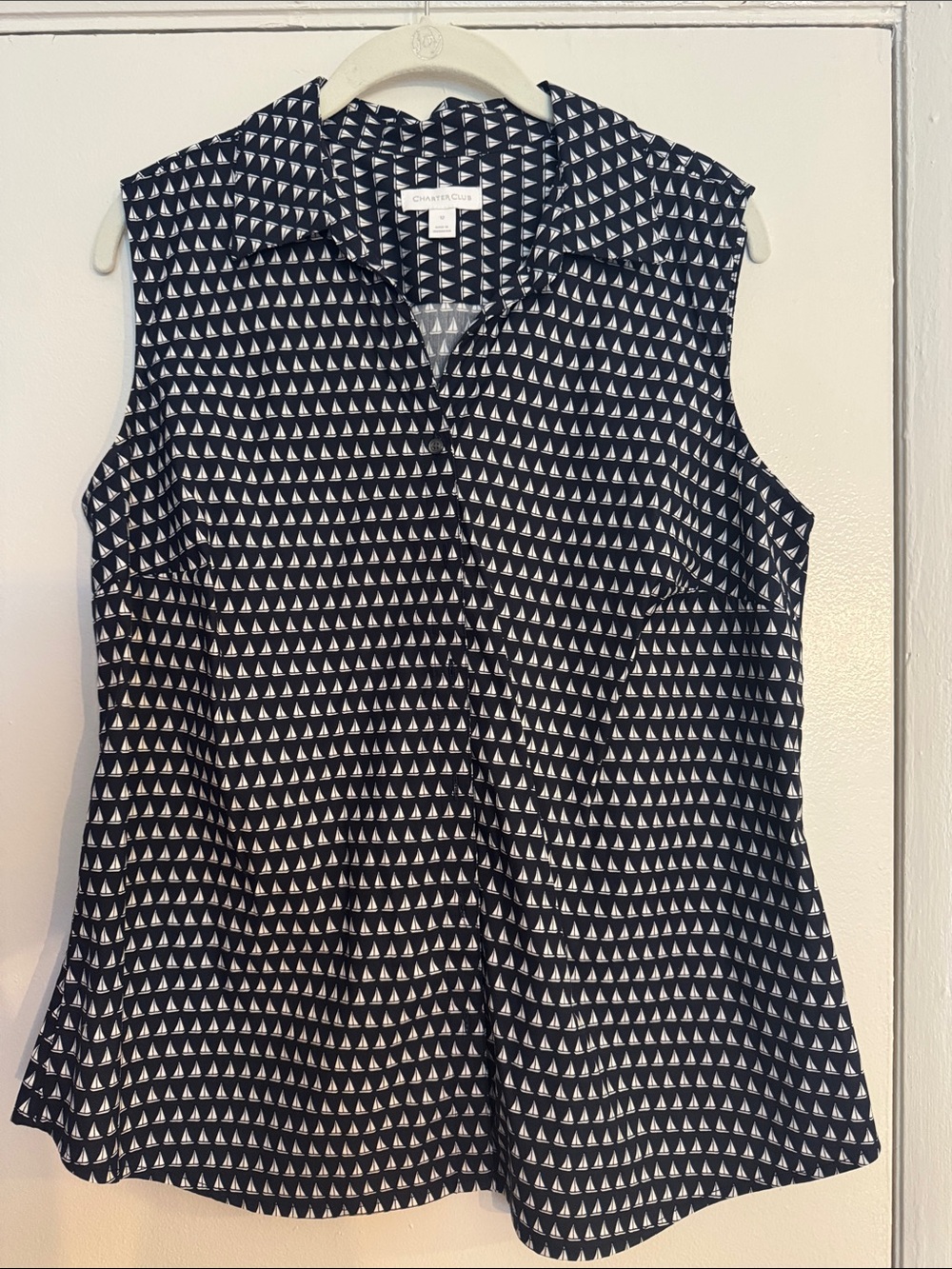 Charter Club Navy Blue and White Sleeveless Collared Sailboats Top